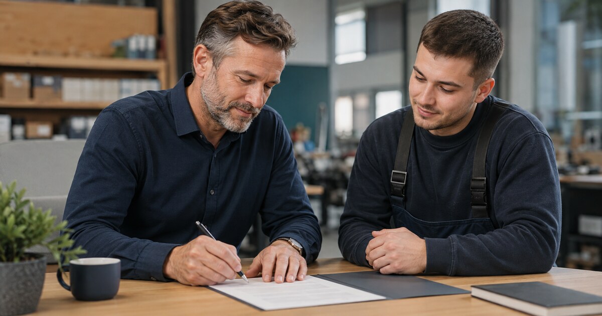 Ein Ausbilder und ein Auszubildender besprechen gemeinsam ein Ausbildungszeugnis.
